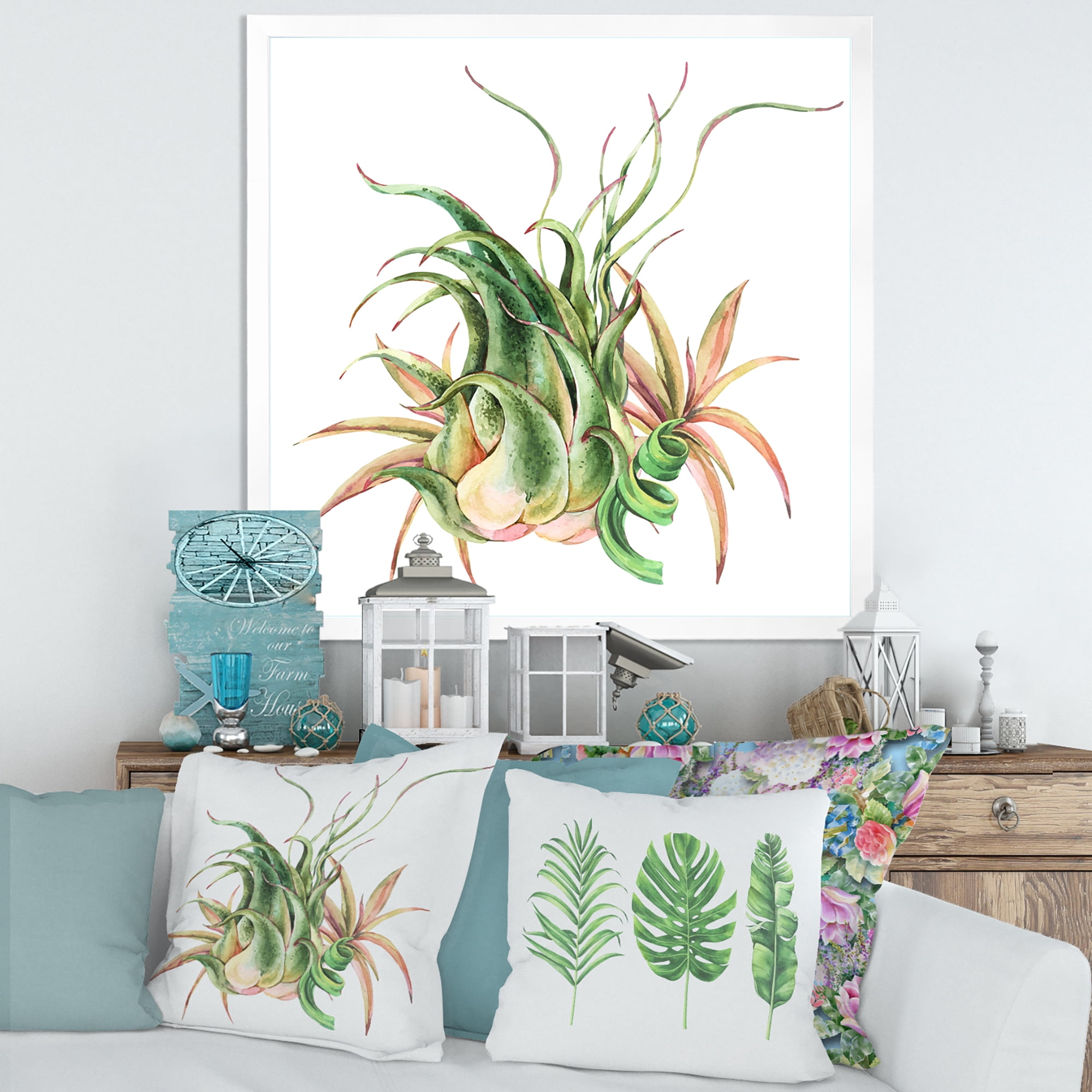 Designart 'Tropical Leaves Air Plant Succulent On White' Farmhouse Framed Art Print