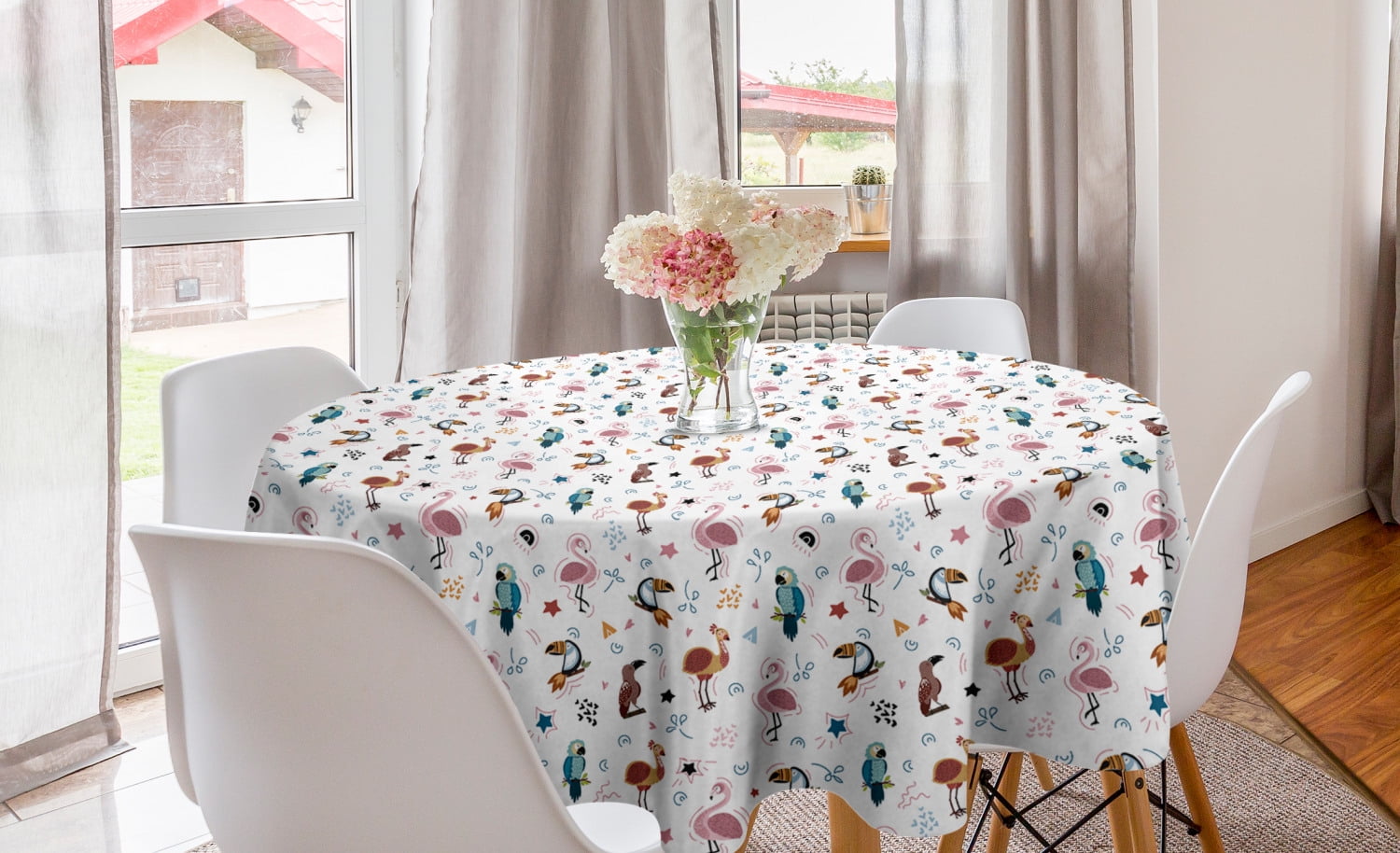 Bird Round Tablecloth, Various Exotic Birds Parrot Toucan Flamingo Star