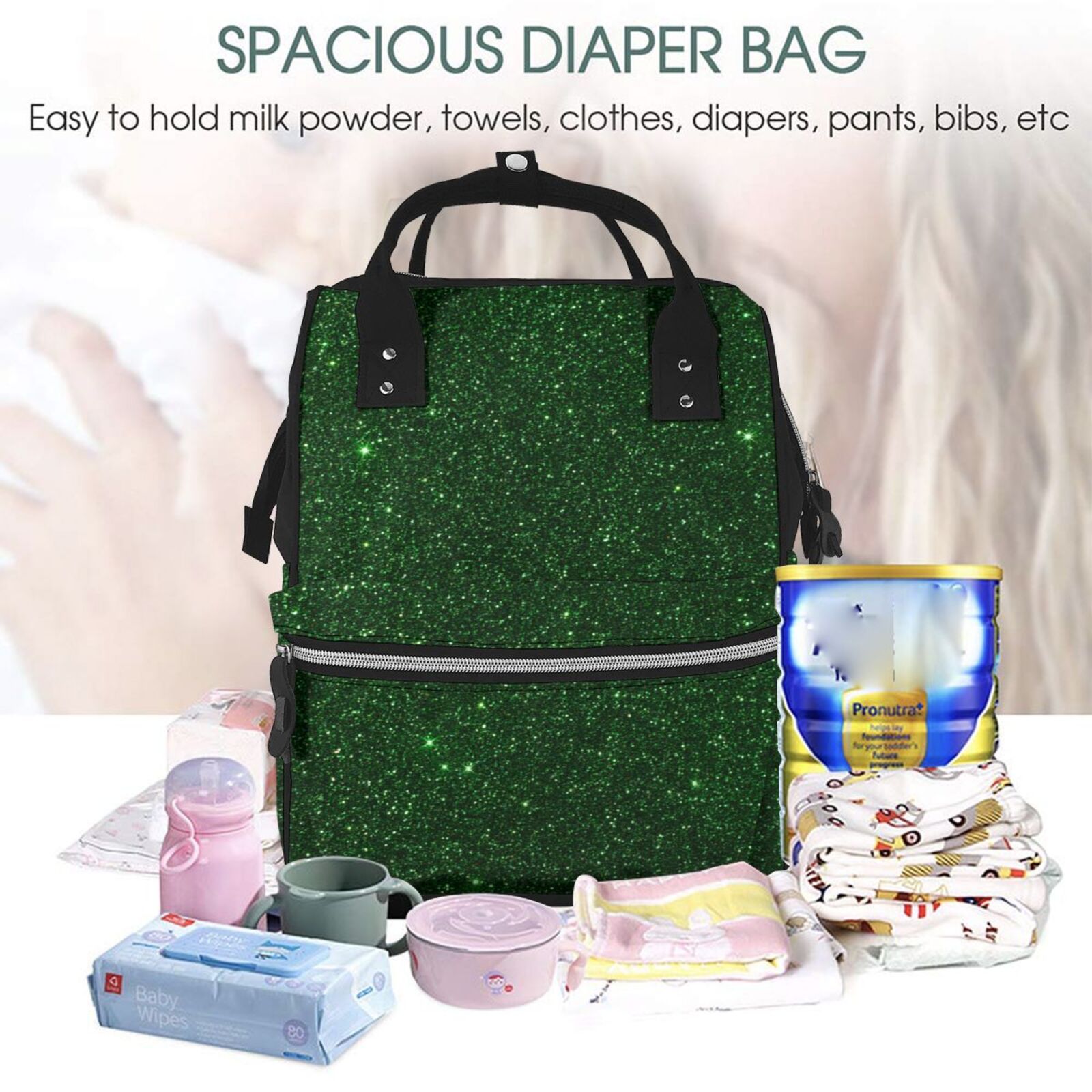 Ratiio Emerald Green Sparkling Mummy Backpack - Waterproof Twill Canvas, Large Capacity Diaper Bag with Multiple Pockets and Adjustable Straps