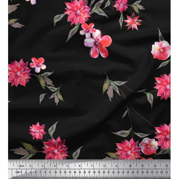 Soimoi Cotton Duck Fabric Leaves & Pink Flower Printed Craft Fabric by the Yard 42 Inch Wide