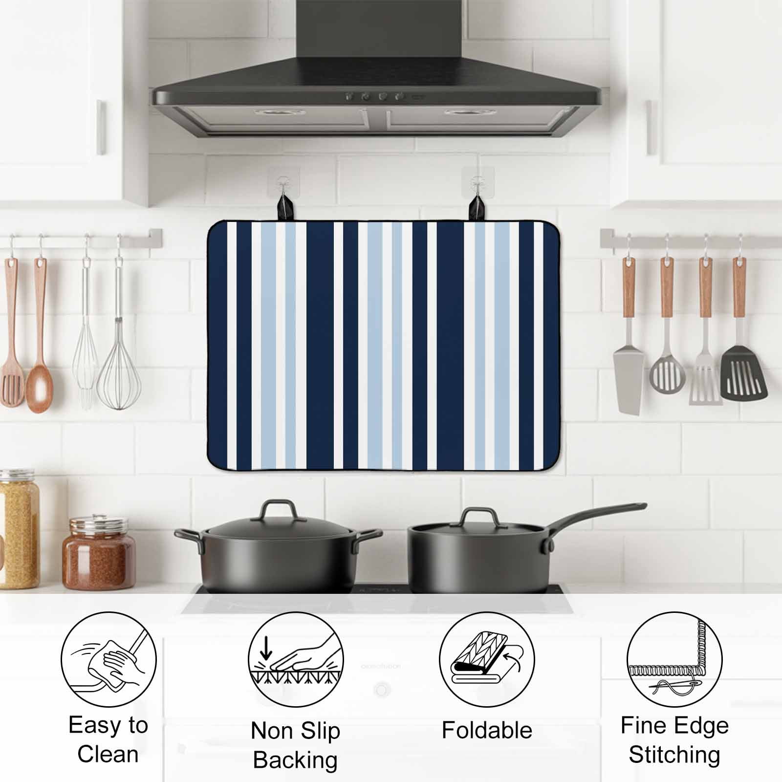 Navy Blue Stove Top Cover for Electric Stove, Heat-proof & Non Slip Glass Top Stove Cover Protector, Modern White Geometric Vertical Stripes Kitchen Flat Cooktop Rubber Mat 24x21 Inches