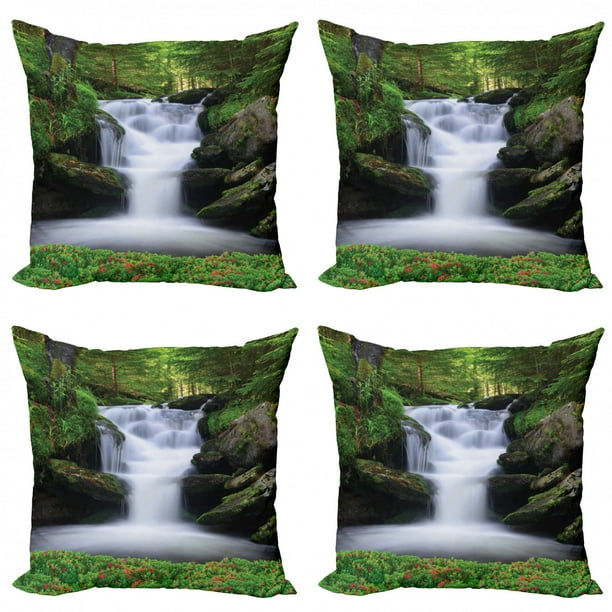 Waterfall Throw Pillow Cushion Case Pack Of 4 Dream Like Image Of Trees And Flowers In Forest Mother Nature Modern Accent Double Sided Print 4 Sizes Green White By Ambesonne Walmart Com