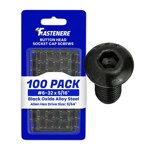 Fastenere Button Head Socket Cap Screws - 6-32 x 5/16" (100-Pcs) Alloy Steel, Fully Threaded, Fine Black Oxide Finish, Corrosion-Resistant, Machine Thread, Easy to Install w/ Allen Hex Drive