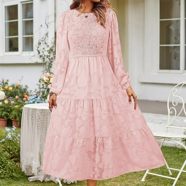 Vestido De Manga Larga Vestido ajustado para mujer Vestido largo tipo túnica con mangas abullonadas Vestido diario plisado con cuello redondo Kuymtek Rosa Claro S para Mujer