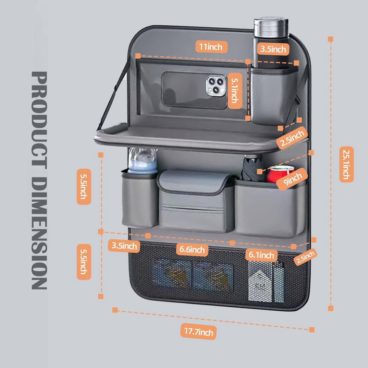YHH Car Seat Organizer – Multifunctional Back Seat Protector, Storage Pouch & Tray Holder – Leather, 1 Pcs, Gray – For Cars, Kids, Seat Back & Rear Seats