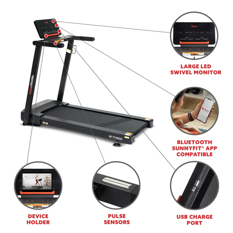 Sunny Health Fitness Interactive Slim Folding Treadmill with 12