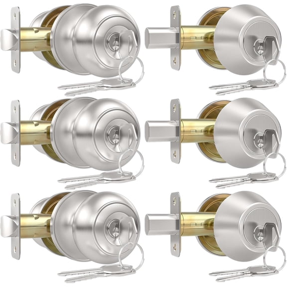 Exterior Door Knob with Lock and Key, 3 Pack Keyed Alike Entry Door Knob for Front Door Lock Set, Brushed Nickel Exterior Door Knob and Single Cylinder Deadbolt Set