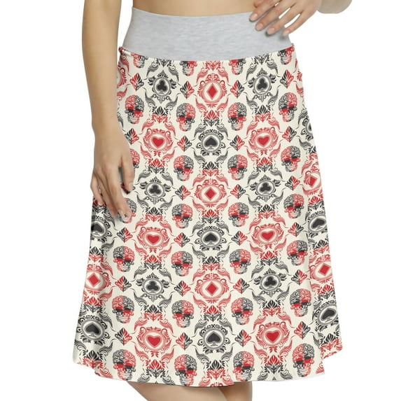 Women's Skull Playing Card Ace of Spades A-line Printed Skirt Casual Wear, S, Vermilion Black Cream, by Ambesonne