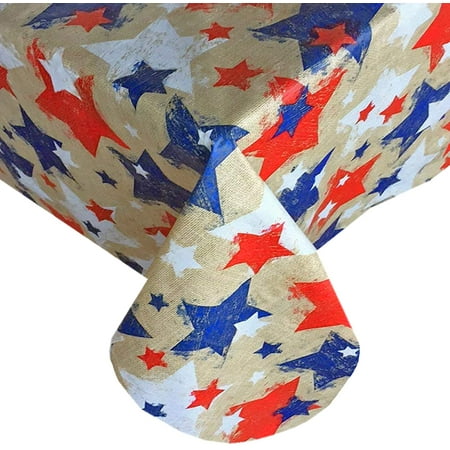 

Newbridge Burlap Patriotic Stars Print Vinyl Flannel Backed Tablecloth - Rustic Red White and Blue American Stars Indoor/Outdoor Print Tablecloth - 60” x 102” Oblong/Rectangle