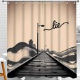 thumbnail image 1 of Stylized Pier Shower Curtain - Serene Sunset Scene with Cityscape & Elegant 'Lie' Script Perfect for Bathroom Decor, 1 of 4