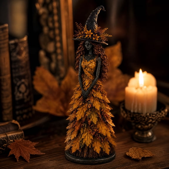 Whimsical Autumn Witch Figurine, Fall Harvest Witch Tabletop Statue with Leaf Gown, Seasonal Resin Decor for Mantel Shelf, Thanksgiving & Christmas Home Decor, Autumn Ember
