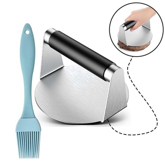 Smash Burger Press and Patty Maker - 5.6" Round 304 Stainless Steel Griddle Press with Heat-Resistant Silicone Handle - Non-Stick Burger Smasher for Griddle with Basting Oil Brush