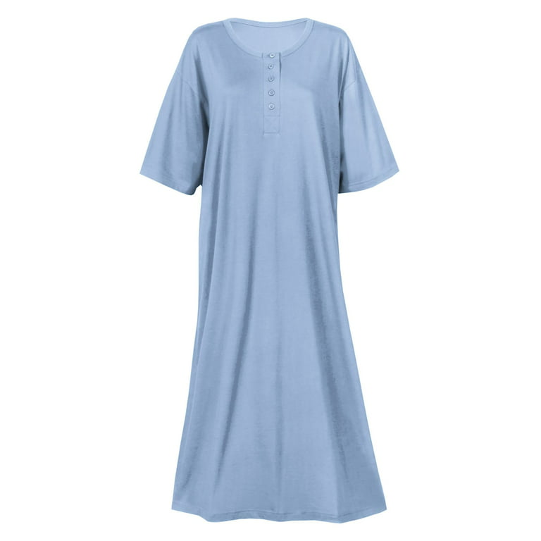 CATALOG CLASSICS Womens Nightgown Henley Night Shirt 100% Cotton Night Gown,  Blue/Pink, Missy (8-18), 46L 