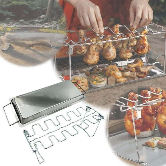 Riforla Stainless Steel Grill and Tray Foldable Grilled Chicken Leg Stand Outdoor Camping Grilled Chicken Leg Grill BBQ Barbecue Tools Barbecue Grill Silver One Size