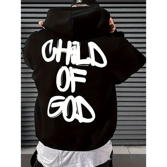 Men's Hoodie - Black with Bold White CHILD OF GOD Letter Print - Kangaroo Pocket & Drawstring Hood - Loose Fit Streetwear Pullover - Machine Washable Fall/Winter Clothing, Long Sleeve Top