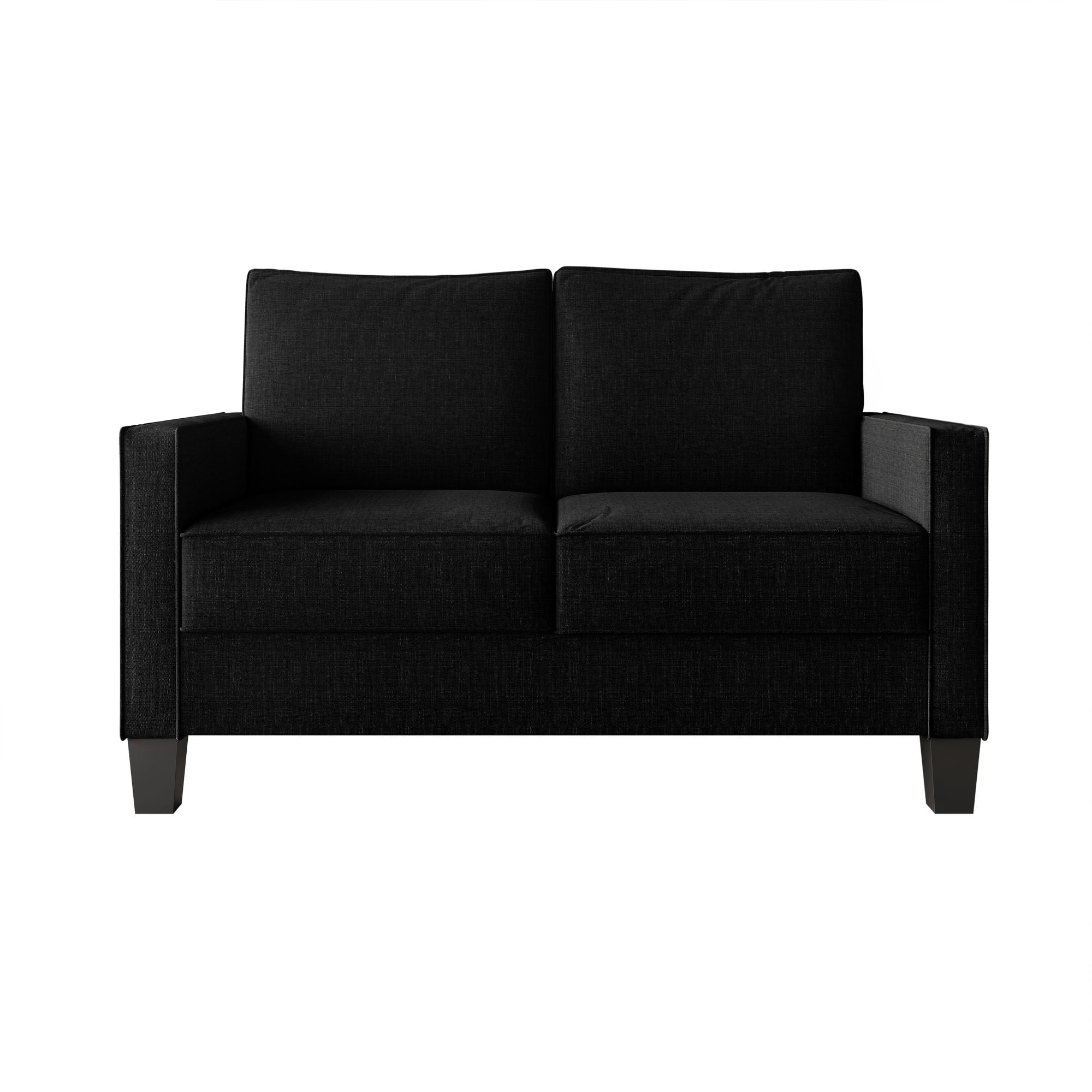 Home Design Marcia Square Arm Loveseat with Padded Back and Seat, Modern Upholstery, Black Legs, Comfortable Living Room Seating, Black