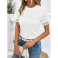 thumbnail image 4 of Women'S Casual Round Neck Tops Eyelet Short Sleeve Shirts Knitted Splice Slim Fit Tees White XXL, 4 of 7