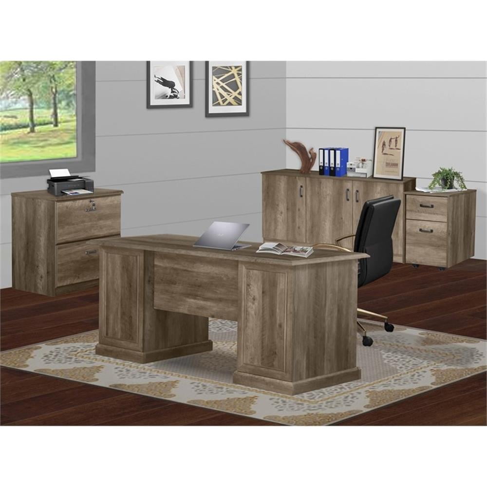 Pemberly Row Contemporary 65" Executive Desks in Rustic Oak Finish