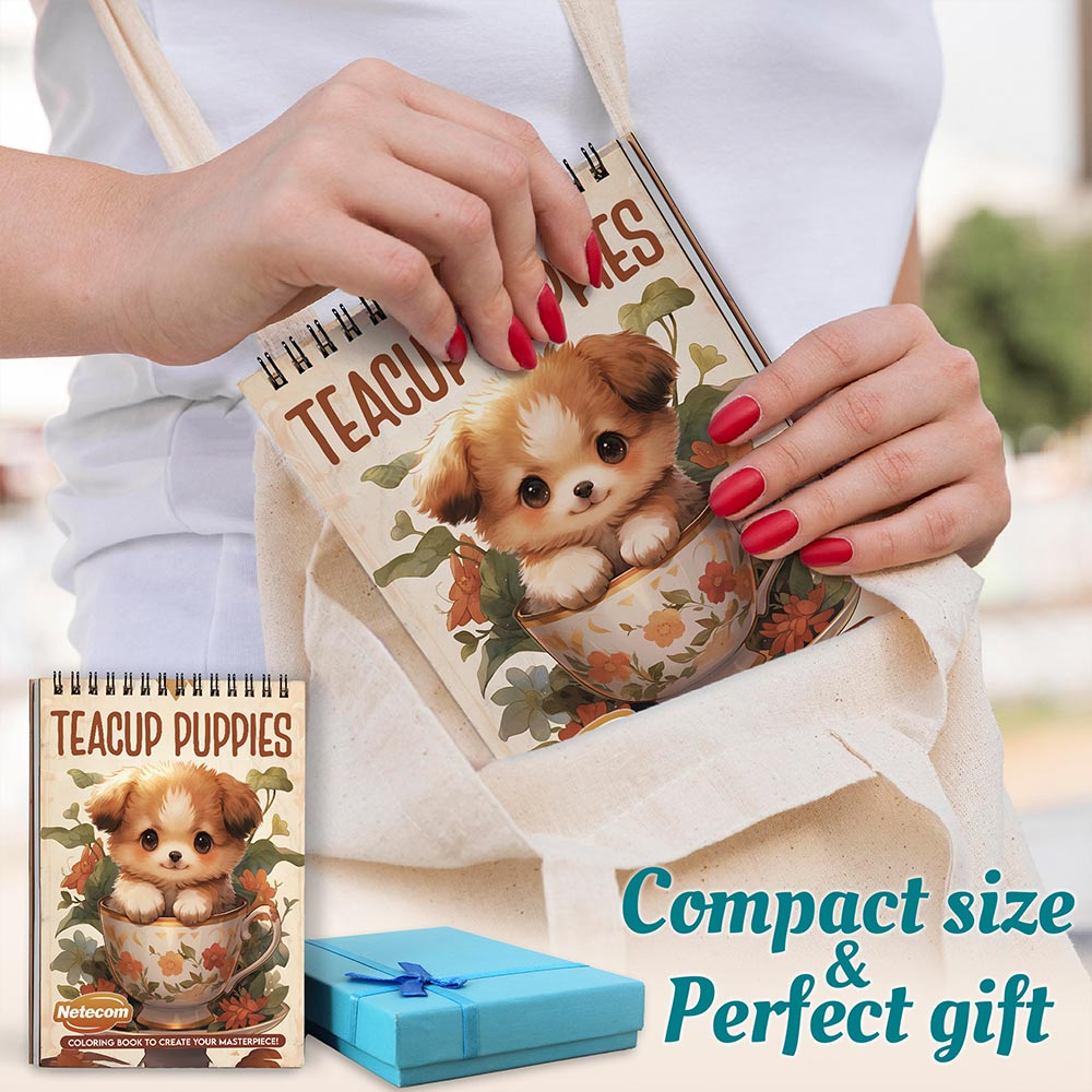Netecom Teacup Puppies Coloring Book Spiral Bound for Adults, A5 Wooden Cover, 30 Adorable Puppies in Cute Teacups Coloring Pages for Stress Relief and Relaxation