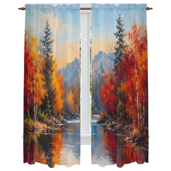 Fall Kitchen Curtain for Berdoom Living Room Cafe 72 Inch Length, Watercolor Forest Maple Leaves Mountains Landscape Tiers Curtains Light Filtering Drapes Window Treatment 2 Panels 52"Wx72"L