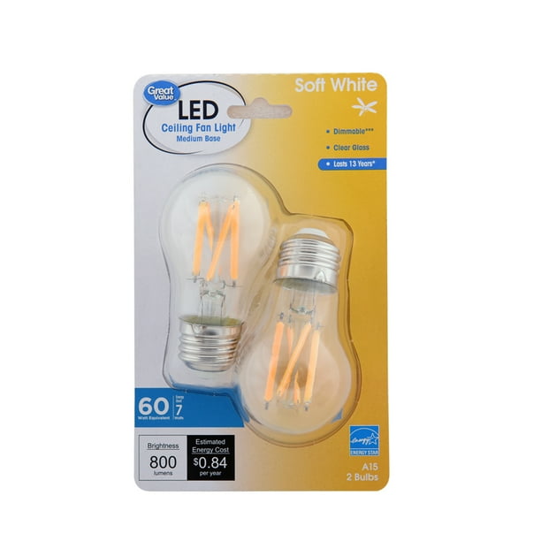 Great Value LED Ceiling Fan Bulb, 7Watt (60W Equivalent) A15 With E26