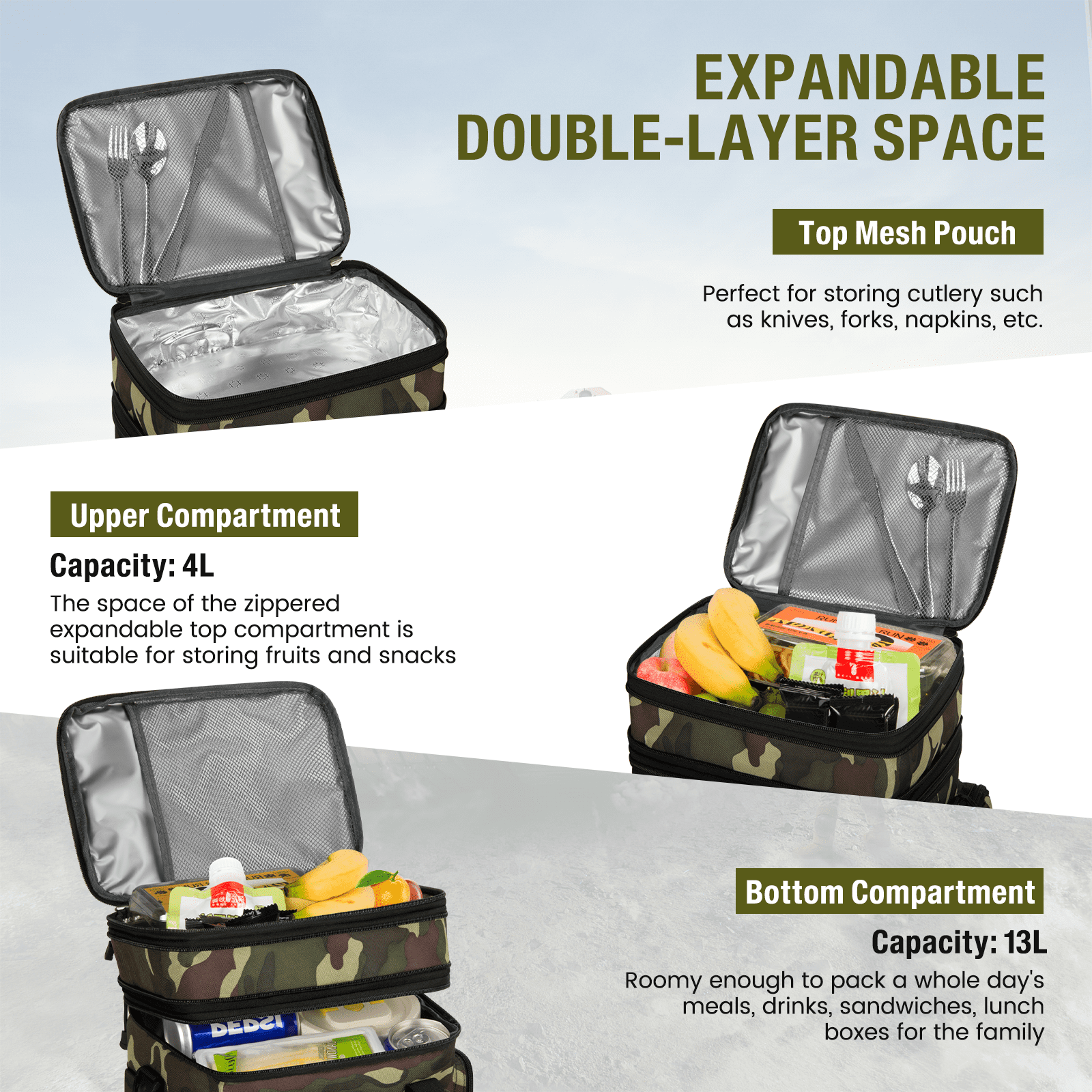 Expandable Insulated Lunch Bag w/ Leakproof Design - 24 Can Capacity, Double Deck Cooler Box with Adjustable Shoulder Strap/Side Pockets for Men & Women - Durable for Work/Travel/Outdoor, Camo Green