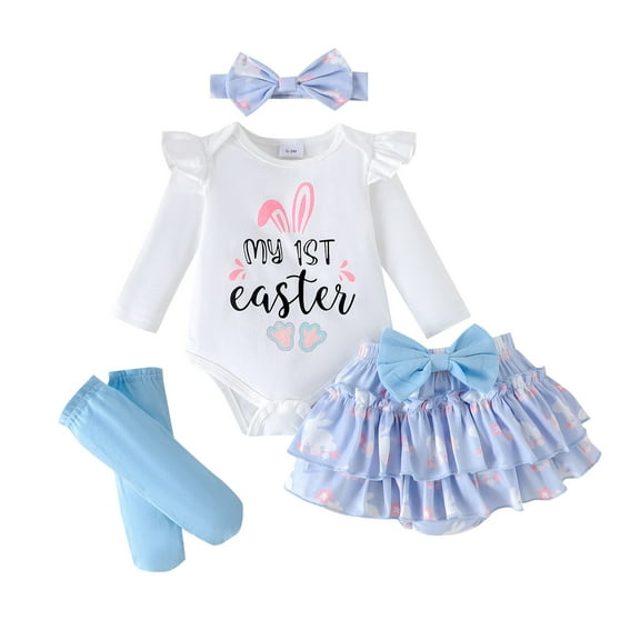 MIXUE Baby Girls Outfit Sets Baby First Easter Long Sleeve Letter Rabbit Printed Jumpsuit Pants Socks Three Piece Outwear,White,3-6 Months