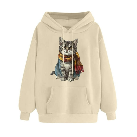 YUGYXL Womens Drawstring Sweatshirts Cute Animals Graphic Hoodies Crew Neck Long Sleeve Hooded Pullover with Pocket Beige L