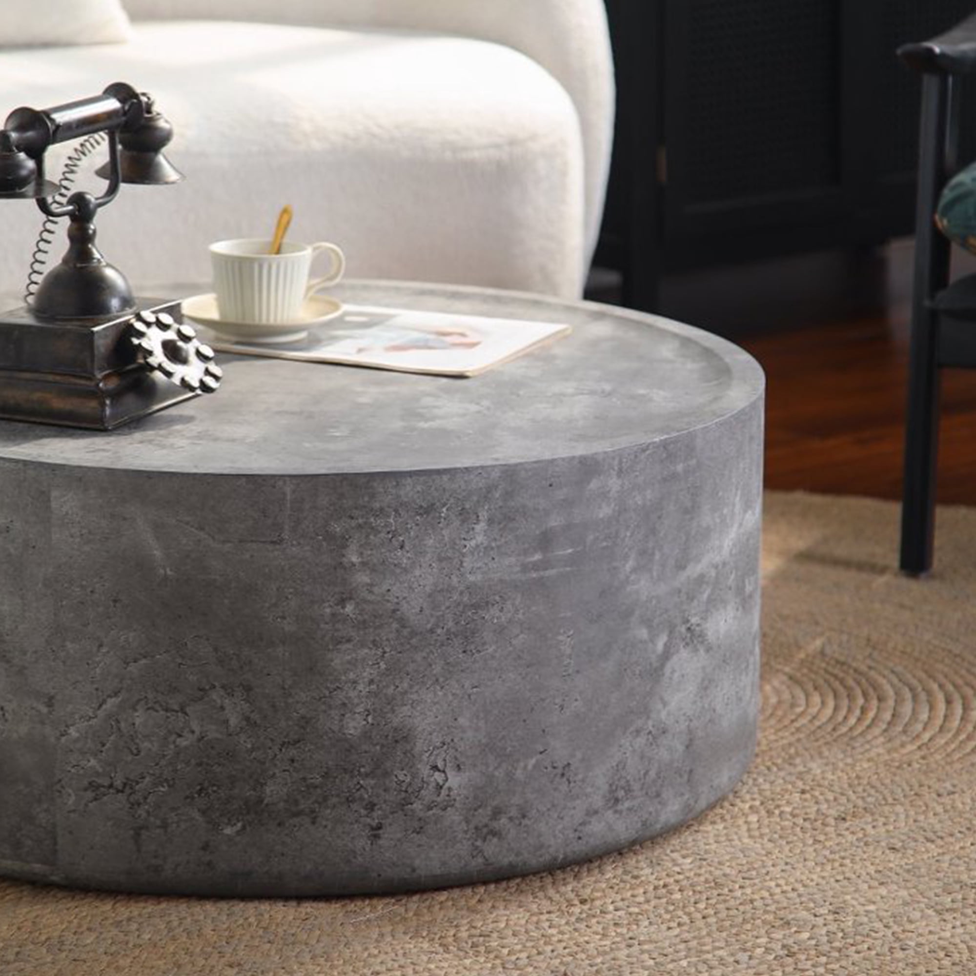 Leumius Round Coffee Table with Faux Concrete Finish, Modern Drum Circle Coffee Table for Living Room Bedroom, No Need Assembly Gray 2