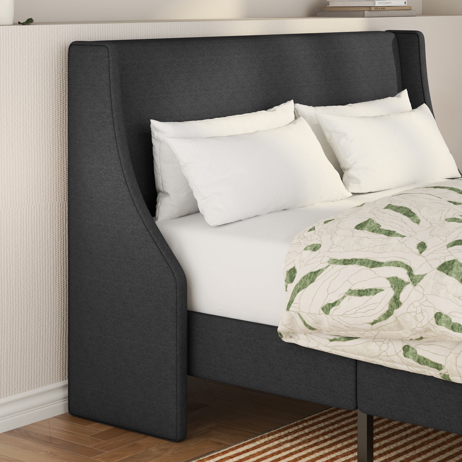 SHA CERLIN Grey Queen Upholstered Platform Bed Frame with Wingback Headboard, Adult