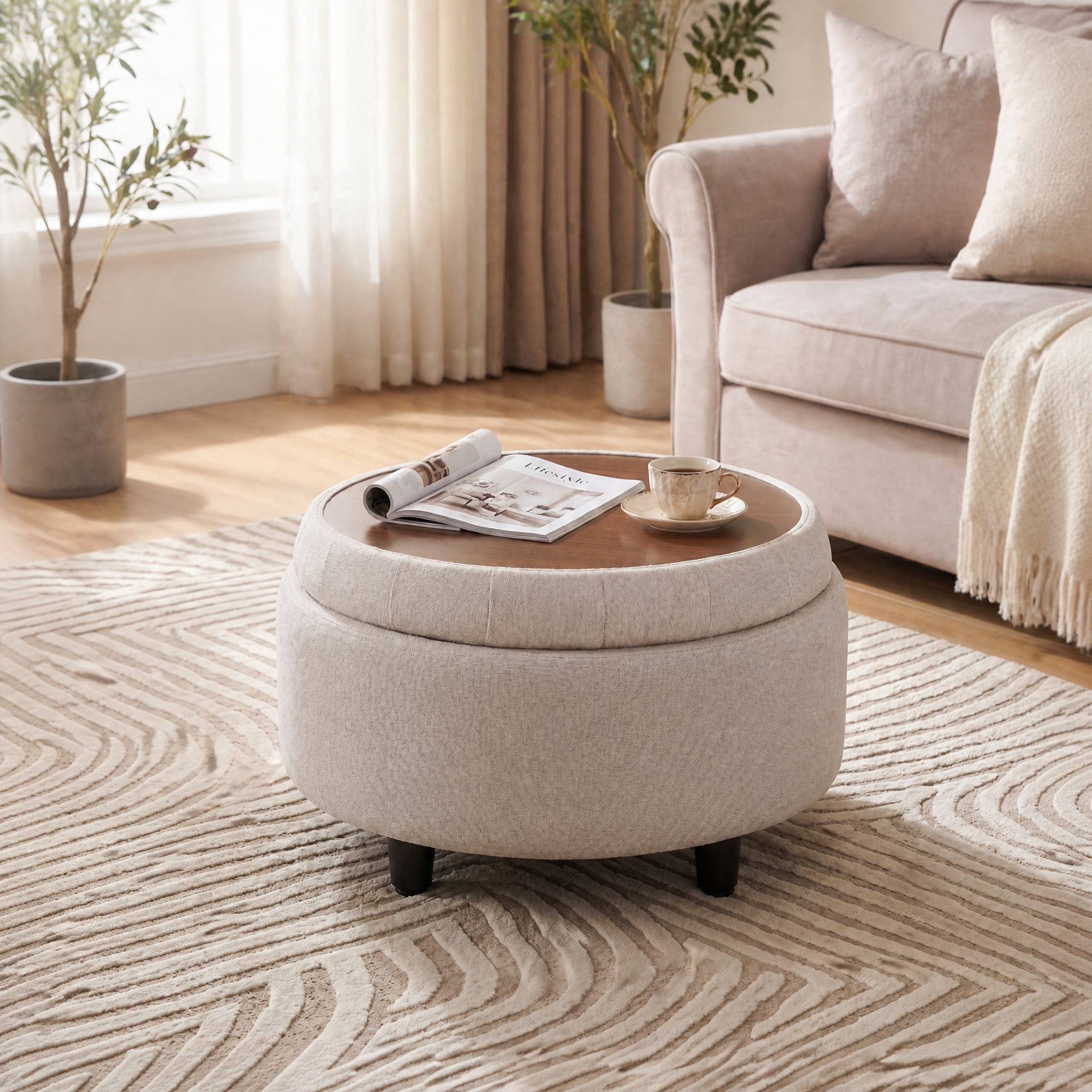 Beige Round Ottoman with Storage and Reversible Tray, Upholstered Fabric Footrest Coffee Table for Living Room, Bedroom, Entryway-25 Inch