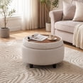 thumbnail image 4 of Beige Round Ottoman with Storage and Reversible Tray, Upholstered Fabric Footrest Coffee Table for Living Room, Bedroom, Entryway-25 Inch, 4 of 10