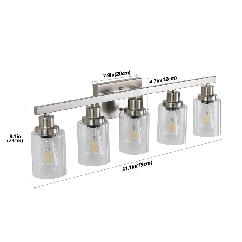 31" Modern 5-Light Bathroom Vanity Light with Clear Glass Shades, Brushed Nickel Wall Fixture for Mirror, Dressing Room, or Sink Area (Bulbs Not Included)