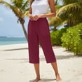 thumbnail image 5 of ClodeEU Women's Linen Blend Elastic Waist Button Cropped Pants,Loose Fit Straight Leg Casual Capris Pant Wine,Womens Plus XL, 5 of 7