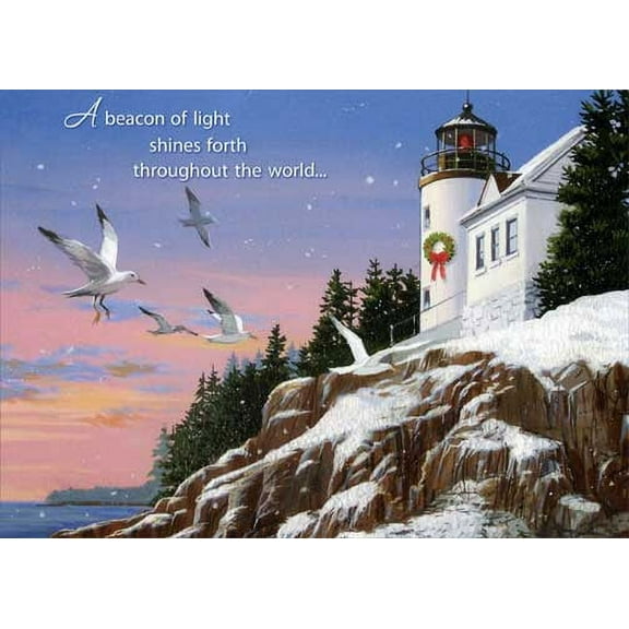 Red Farm Studios Beacon of Light: Seagulls and White Lighthouse on Rocky Shore Box of 15 Coastal Christmas Cards