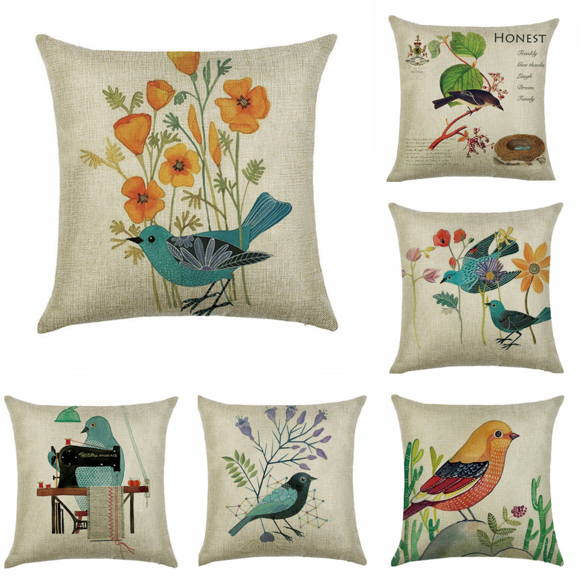 18" Birds Flowers Cushion Cover Pillow Case Cotton Linen Home Sofa Throw Decor 