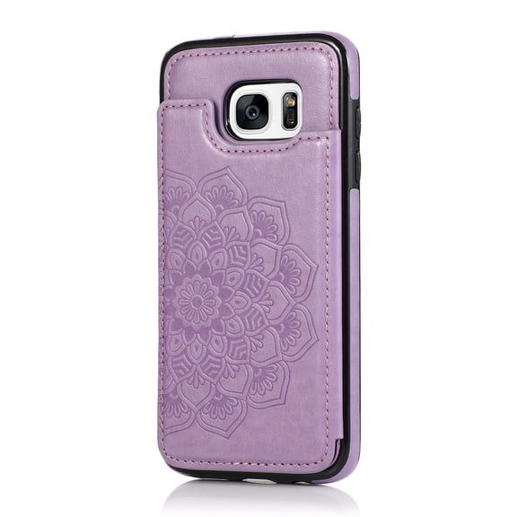 For Samsung Galaxy S7 Edge Wallet Case Card Holder, Luxury Embossed Mandala PU Leather Back Flip Folio Case with Kickstand Magnetic Snap Closure, Shockproof Protective Phone Case,Purple