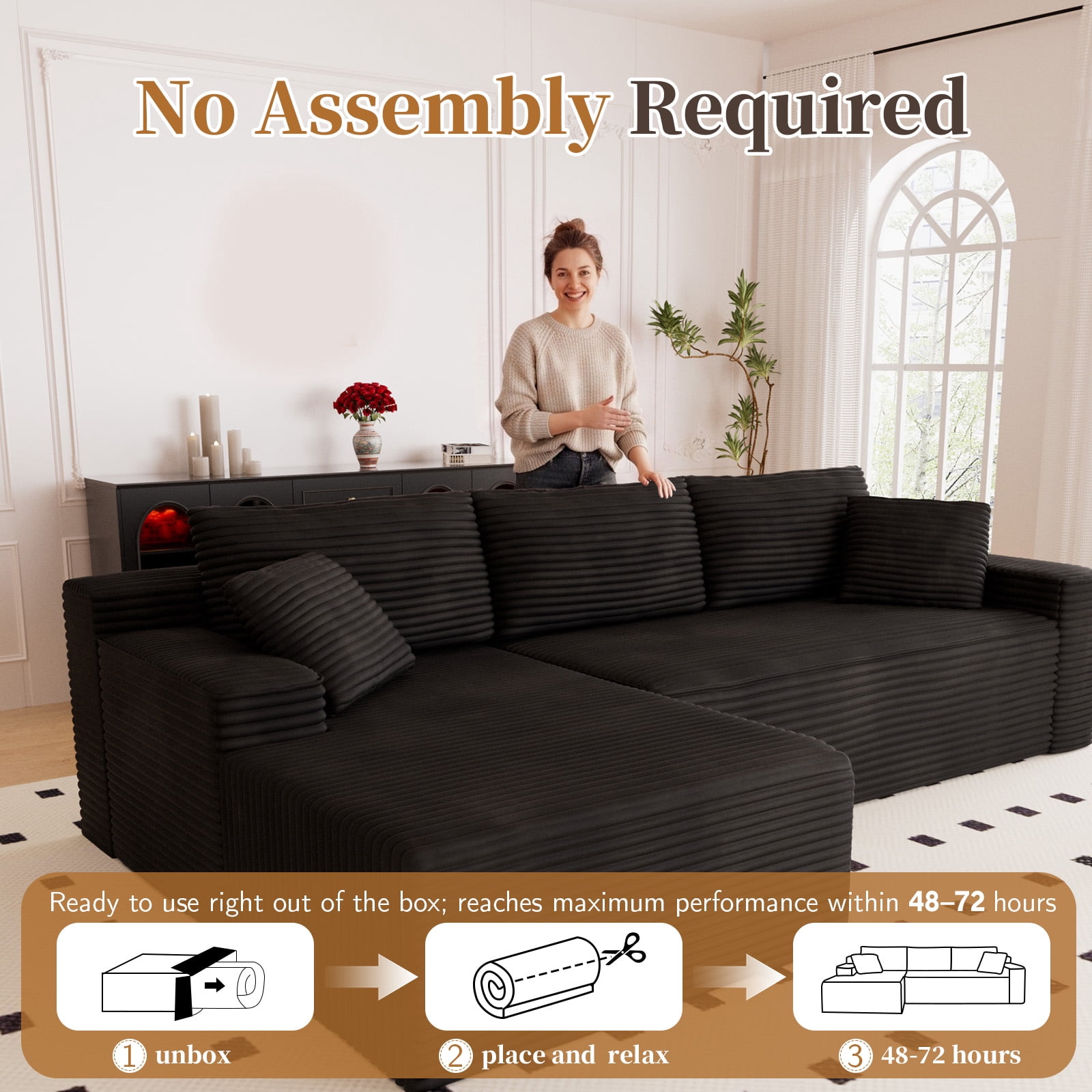 Lunale 105" Modular L-Shaped Sectional Sofa, Boneless Cloud Couch, No Assembly Required, Modern Deep Seat Corduroy Sofa for Living Room, Black (Left Facing Chaise)