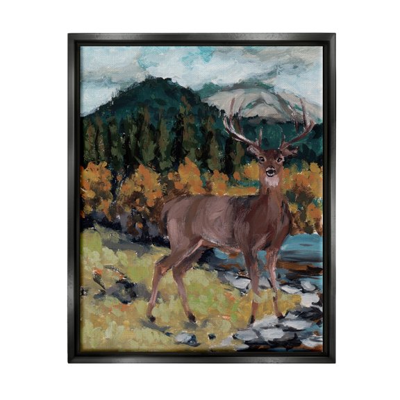 Stupell Deer Wildlife River Landscape Animals & Insects Painting Black Floater Framed Art Print Wall Art
