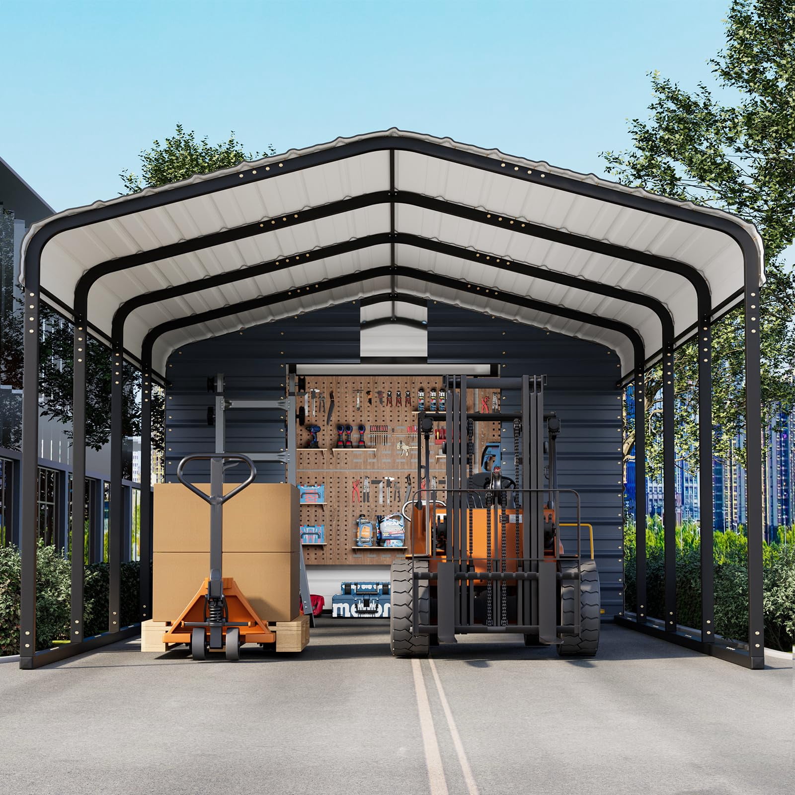 Mellcom 12'x25' Outdoor Meatl Carport Garage 2-in-1, Heavy Duty Carport with Galvanized Metal Frame, Enclosed Storage Shelter for Trucks, Cars，SUVS& All Vehicles, Gray