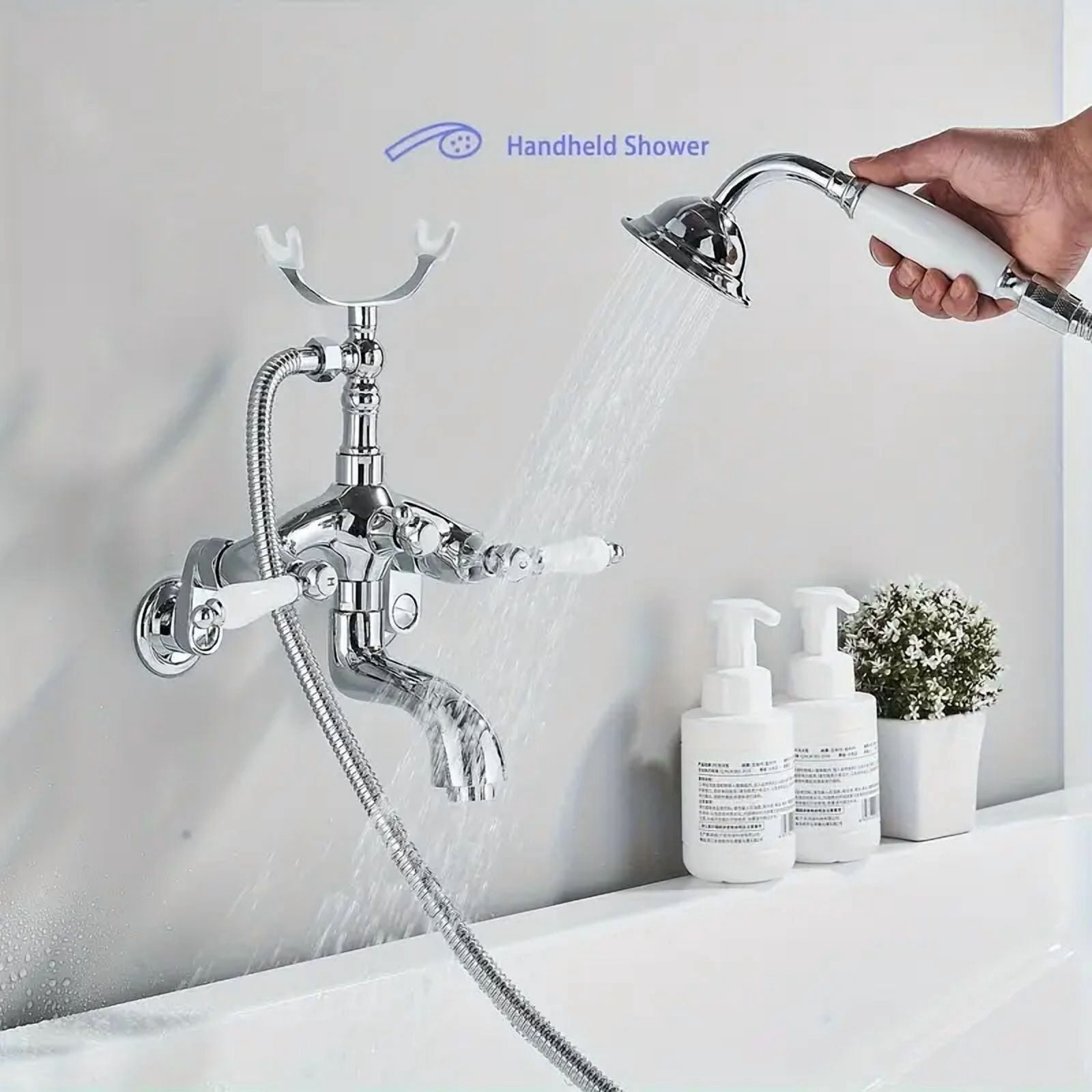 Chrome Clawfoot Tub Faucet Wall Mount Bathtub Faucet Set with Handheld Shower