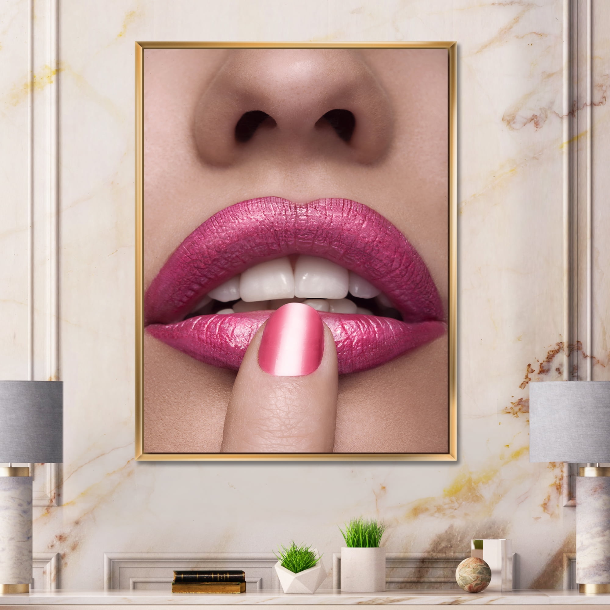 Pink Female Lips With Finger On Mouth 16 in x 32 in Framed Photography Canvas Art Print, by Designart
