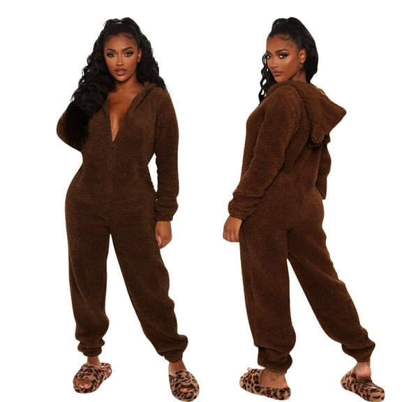 Ujnder Women's Cozy Long Sleeve Hooded Jumpsuit Cute Autumn Winter Loungewear Pajamas Coffee L