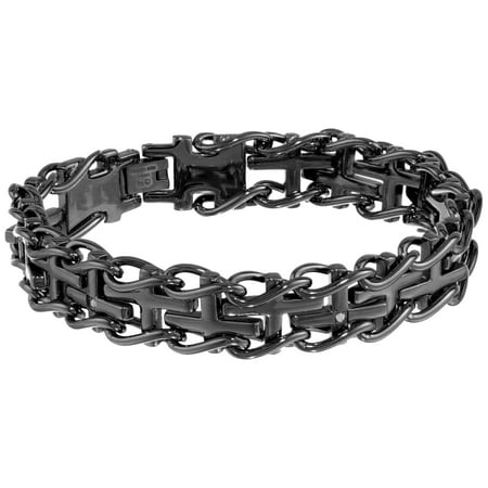 Metro Jewelry 0.03 Carat Diamond Thick Specialty Cross Bracelet for Men in Stainless Steel with Black Ion Plating - 8.5 Inches Long 13 MM Wide with Fold Over Clasp