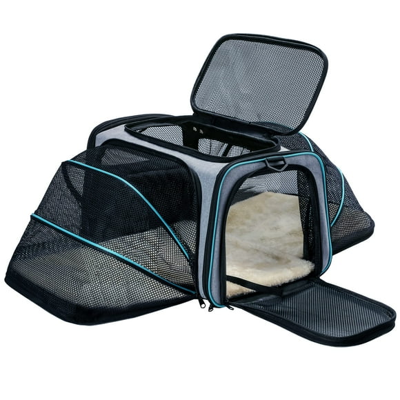 Transporteur pour Chat et Chien - Approuvé par les Compagnies Aériennes, Extensible, avec Tapis en Polaire Amovible et Poches, pour Chats/chiots et Petits Animaux, Grand (2 Côtés Extensibles)