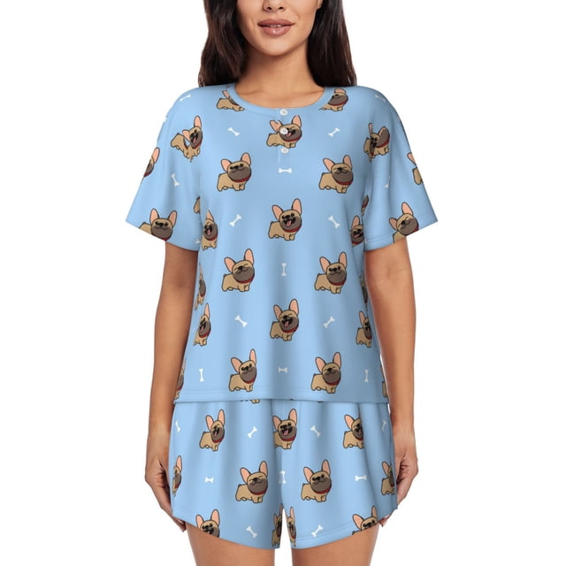 Fotbe Brown French Bulldog Conjunto de Pijama Estampado para Mujer, 2 Piezas, Ropa de Dormir con Camiseta de Manga Corta y Shorts Suaves-Medium