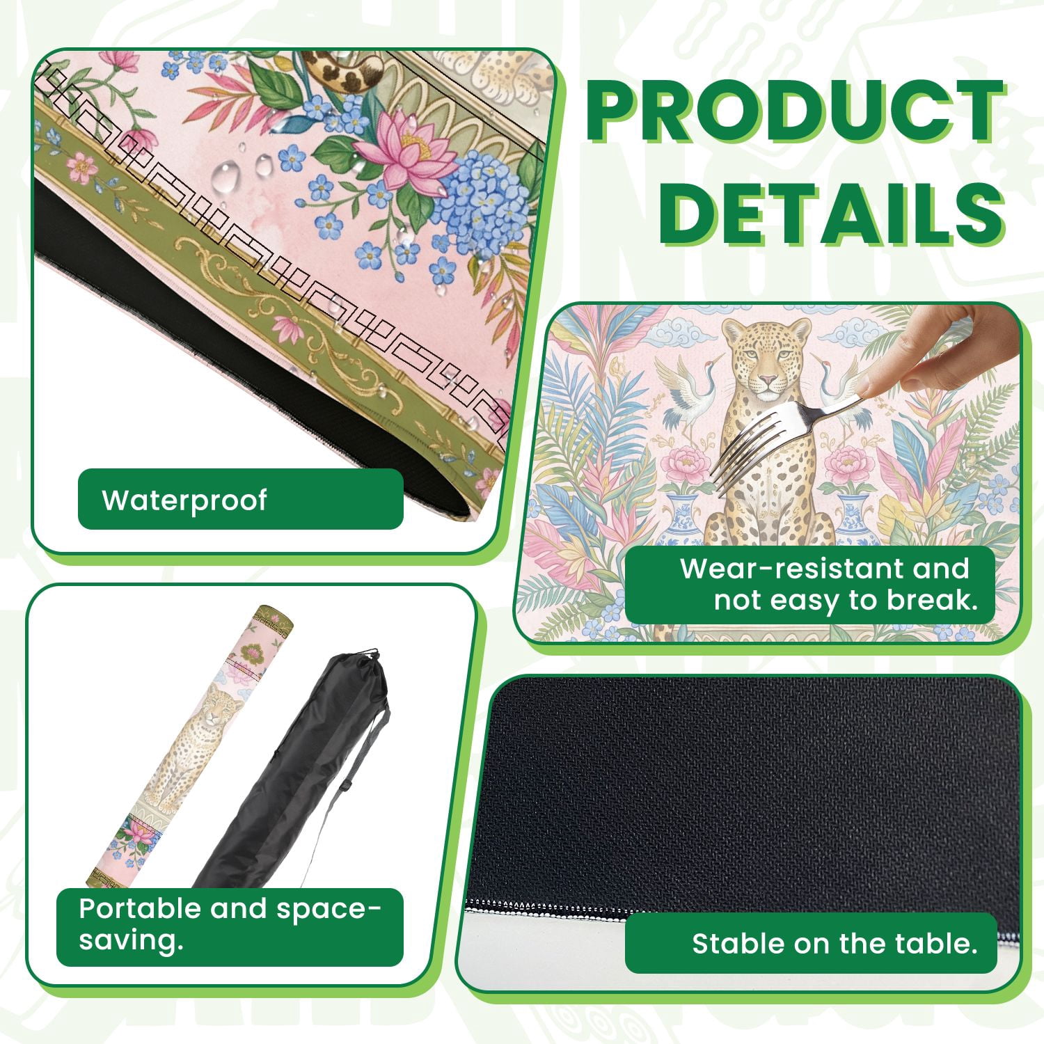 Mahjong Mat 31.5" x 31.5" Ornate Leopard Tropical Foliage Cranes Birds Floral Pink Green Non-Slip Noise Reduction American Mahjong Tiles Table Cover for Dominoes Poker Card Board Games Gift
