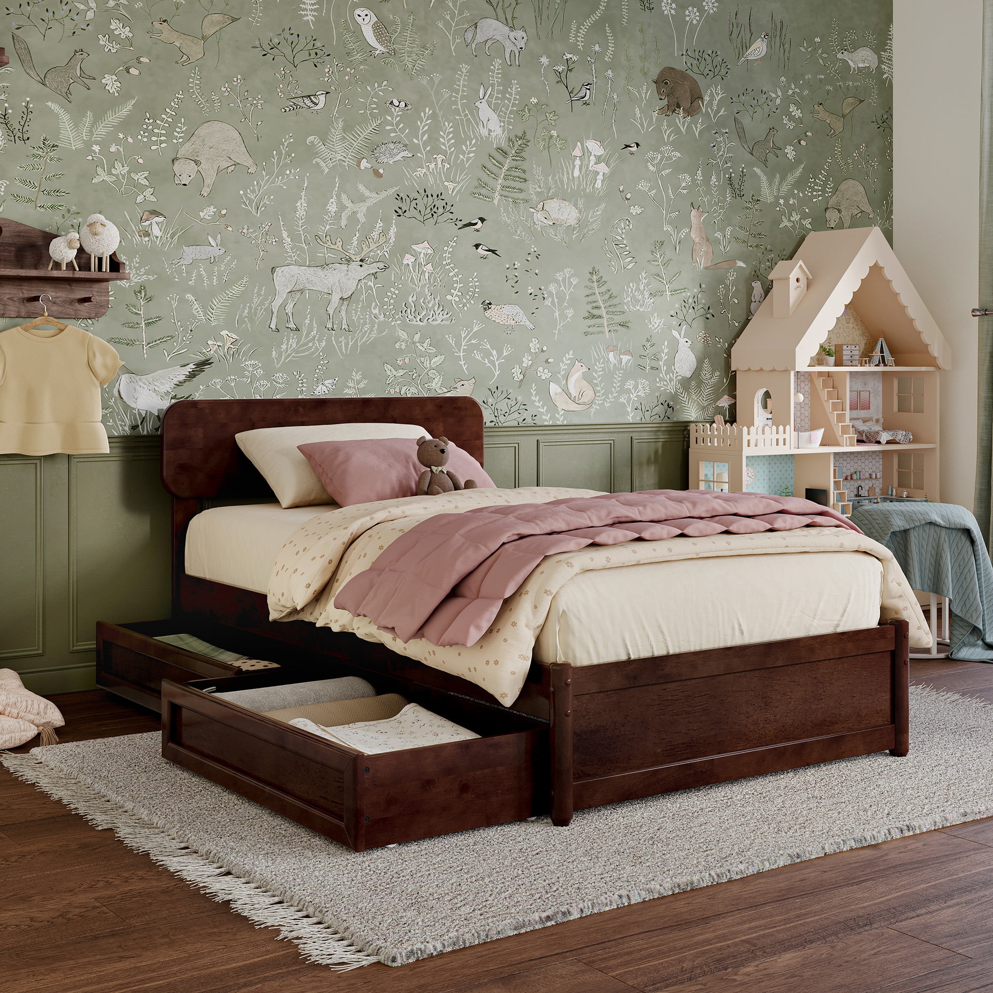 AFI Capri Twin Solid Wood Platform Bed with Panel Footboard and Storage Drawers, Walnut