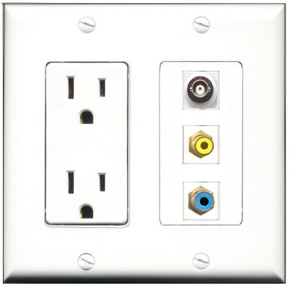 RiteAV - 15 Amp Power Outlet 1 Port RCA Yellow 1 Port RCA Blue 1 Port BNC Decorative Wall Plate