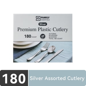 Family Essentials Silver Disposable Cutlery Set, 180-Piece